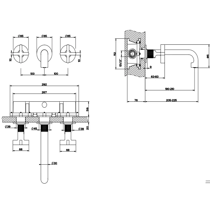 Смеситель для раковины настенный скрытого монтажа на 3 отверстия с средним изливом INCISO + 031 Chrome GESSI