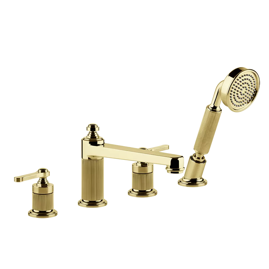 Смеситель для ванны на четыре отверстия с переключателем, изливом для наполнения ванны, гибким шлангом длиной 1,50 м, ручным душем с защитой от известняка