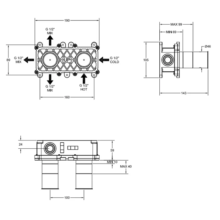Встраиваемая часть для термостатического смесителя настенного для душа