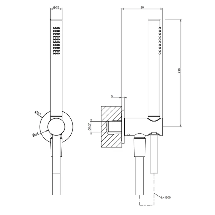 Душевой комплект, состоящий из вывода воды, держателя, шланга 1,50 м и лейки