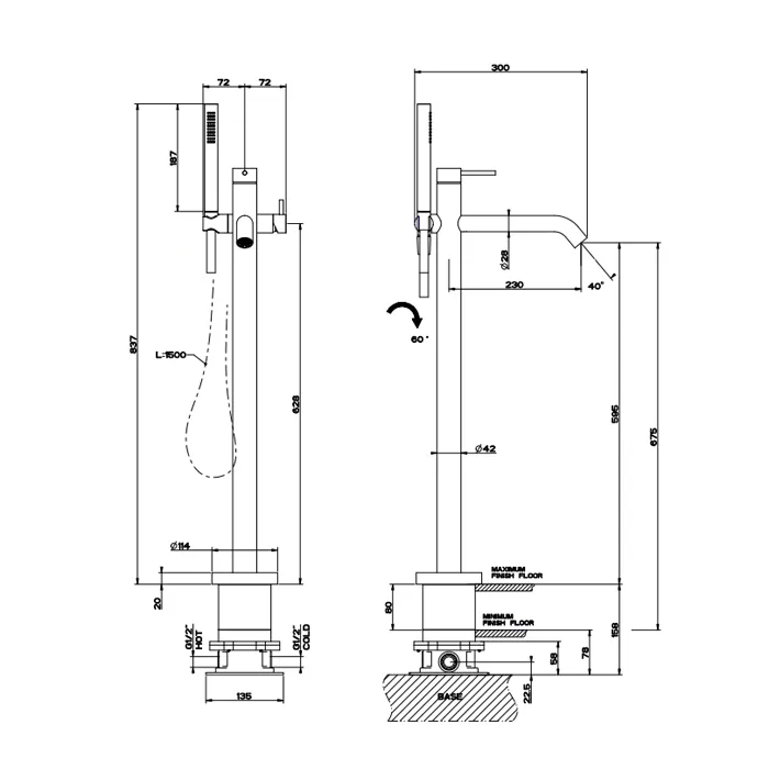 Смеситель для ванны напольный с душевым набором без скрытой части GESSI316 239 Steel Brushed GESSI