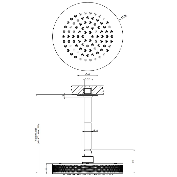 Верхний душ Ø218 потолочный монтаж тропический ливень INCISO 246 Gold PVD GESSI