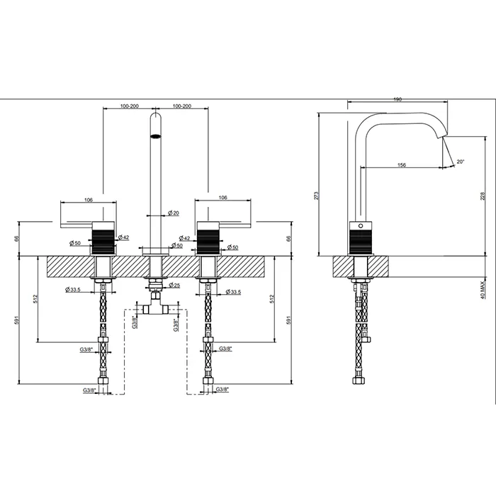 Смеситель для раковины на 3 отверстия TRAME 707 Black Metal Brushed PVD GESSI
