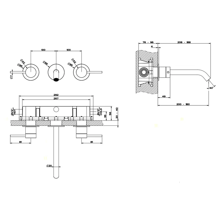 Смеситель для раковины настенный скрытого монтажа на 3 отверстия с длинным изливом FLESSA 239 Steel Brushed GESSI