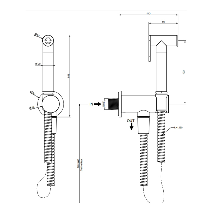 Гигиенический душ со шлангом держателем и скрытым подключением без смесителя 707 Black Metal Brushed PVD GESSI