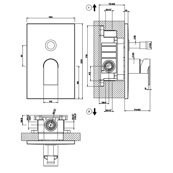 Смеситель для ванны/душа скрытого монтажа внешняя часть 2 потока EMPORIO VIA MANZONI 031 Chrome gessi