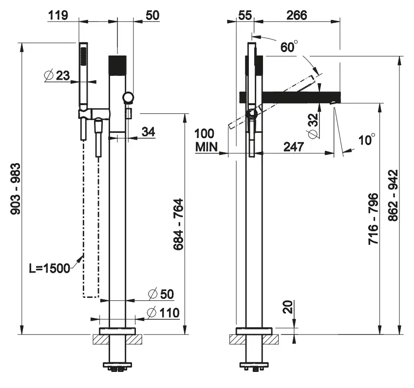 Смеситель для ванны напольный с душевым набором GESSI INCASTRI 761 Brushed Coffee Bronze Pvd