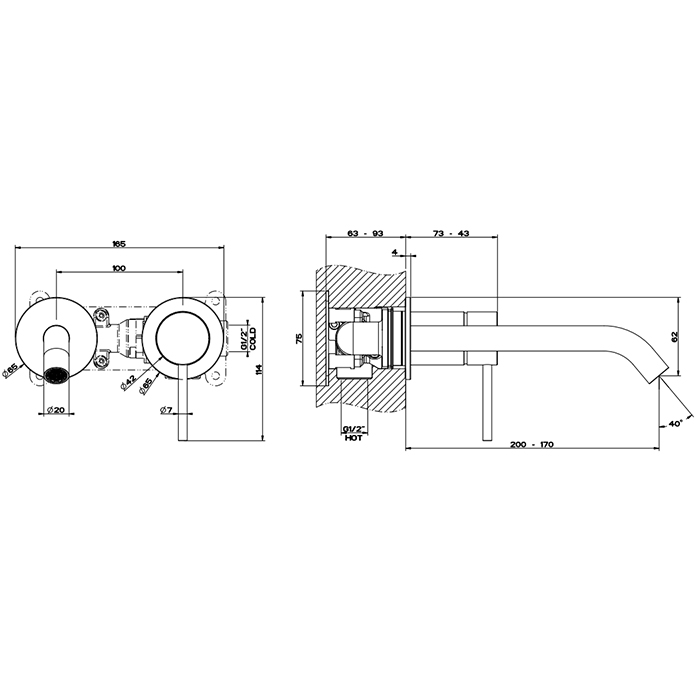 Смеситель для раковины настенный скрытого монтажа с длинным изливом FLESSA 707 Black Metal Brushed PVD GESSI