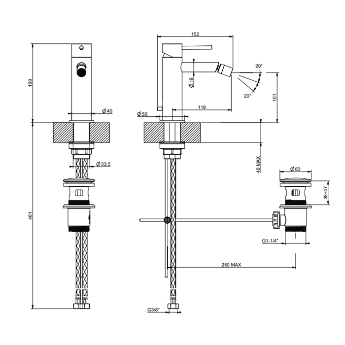 Смеситель для биде с донным клапаном GESSI316 FLESSA 727 Brushed Brass PVD GESSI