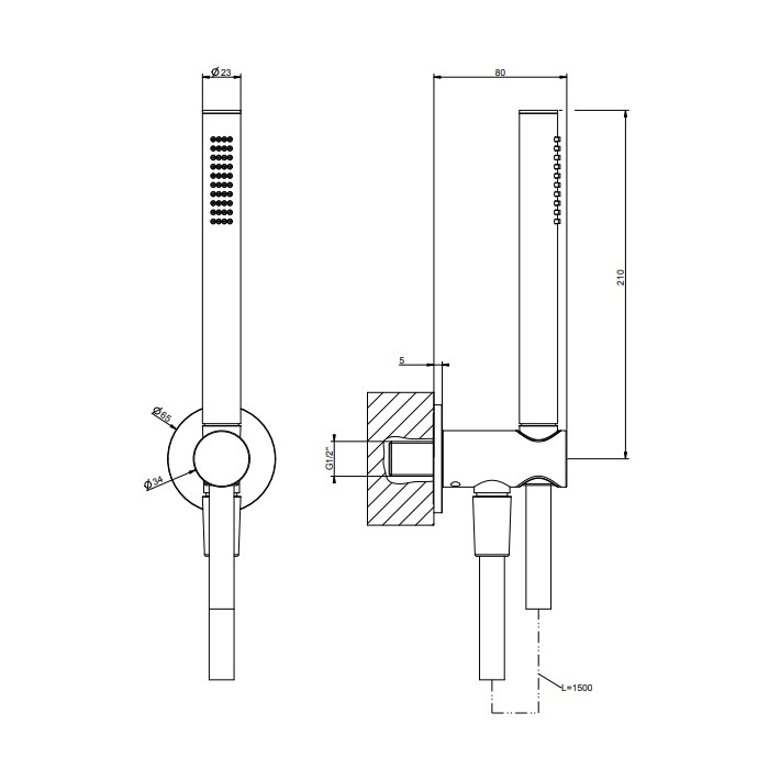 Душевой комплект, состоящий из вывода воды, держателя, шланга 1,50 м и лейки