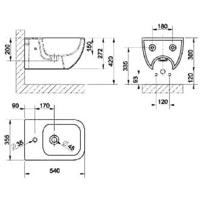 Подвесное биде в керамике с переливом и центральным отверстием под смеситель. Пробки для боковых отверстий в отделке 031