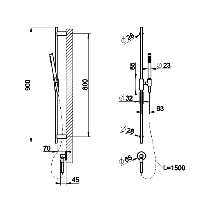 Штанга в комплекте с душевой лейкой, шланг 1,50 м и вывод воды